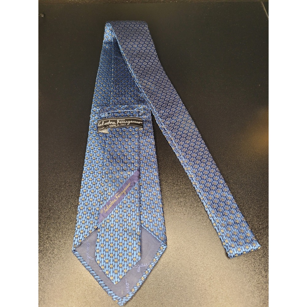 Salvatore Ferragamo Mens Silk Tie Blue Yellow Geometric Made in Italy - Picture 4 of 6